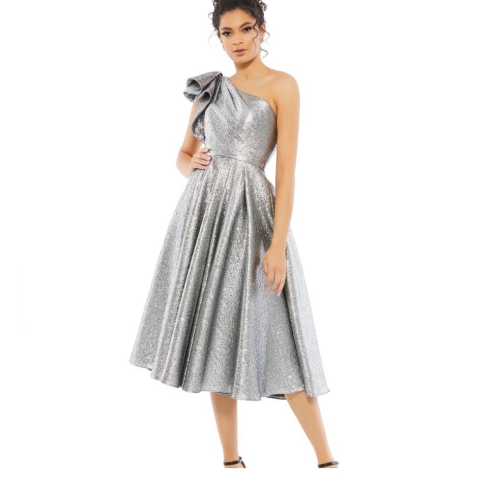 Mac Duggal Silver One Shoulder Bow Midi Dress with pockets new with tags